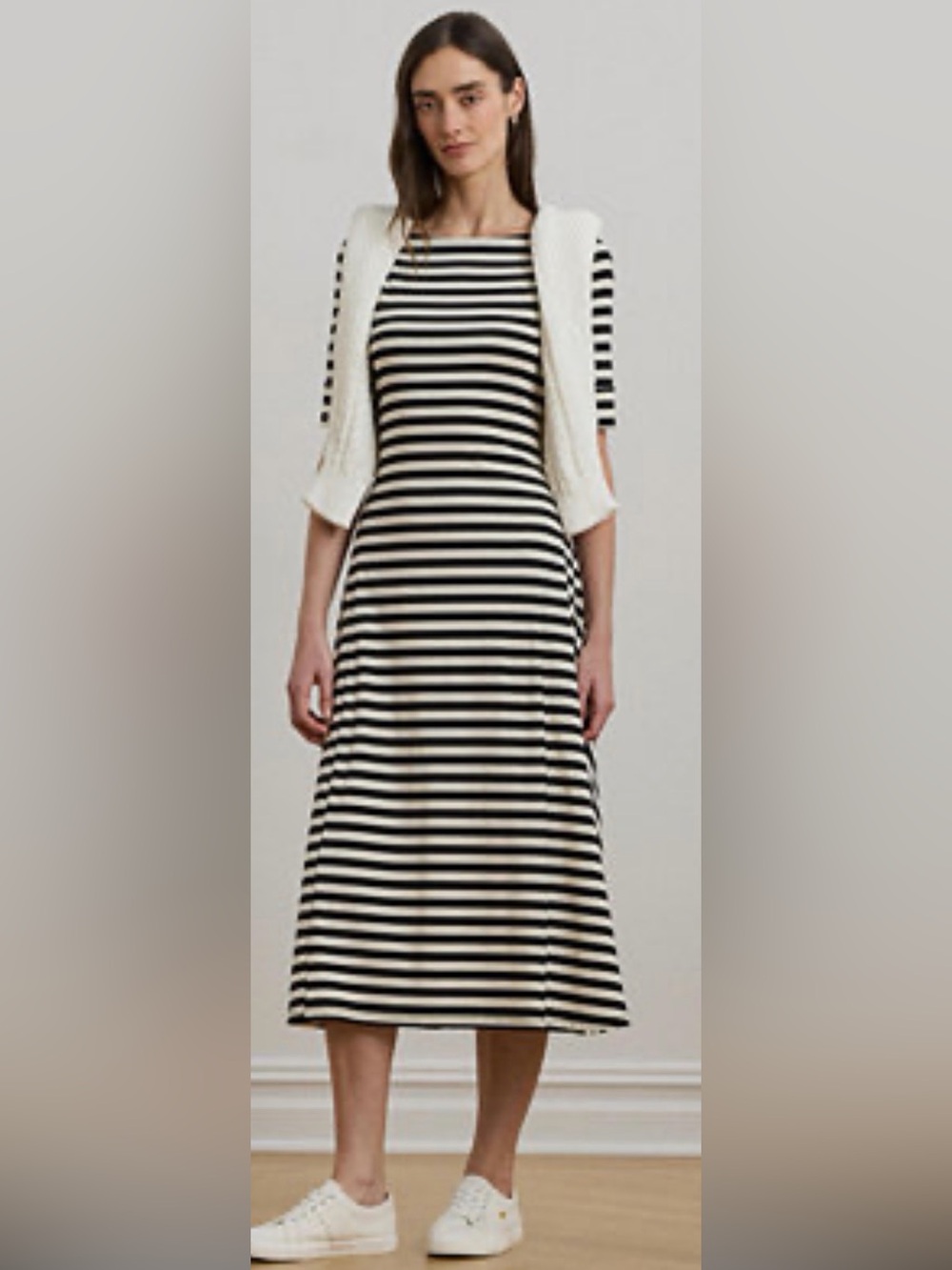 Ralph Lauren Black and White Striped Stretch cotton Midi Dress